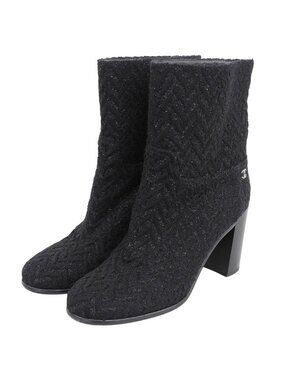 Chanel Tweed CC Logo Short Boots Black